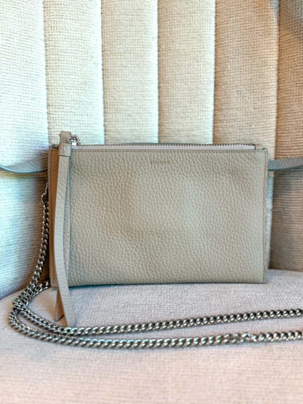 AllSaints Sage Green Pebbled Leather “Fetch” Crossbody Bag with Chain Strap - Picture 7 of 12